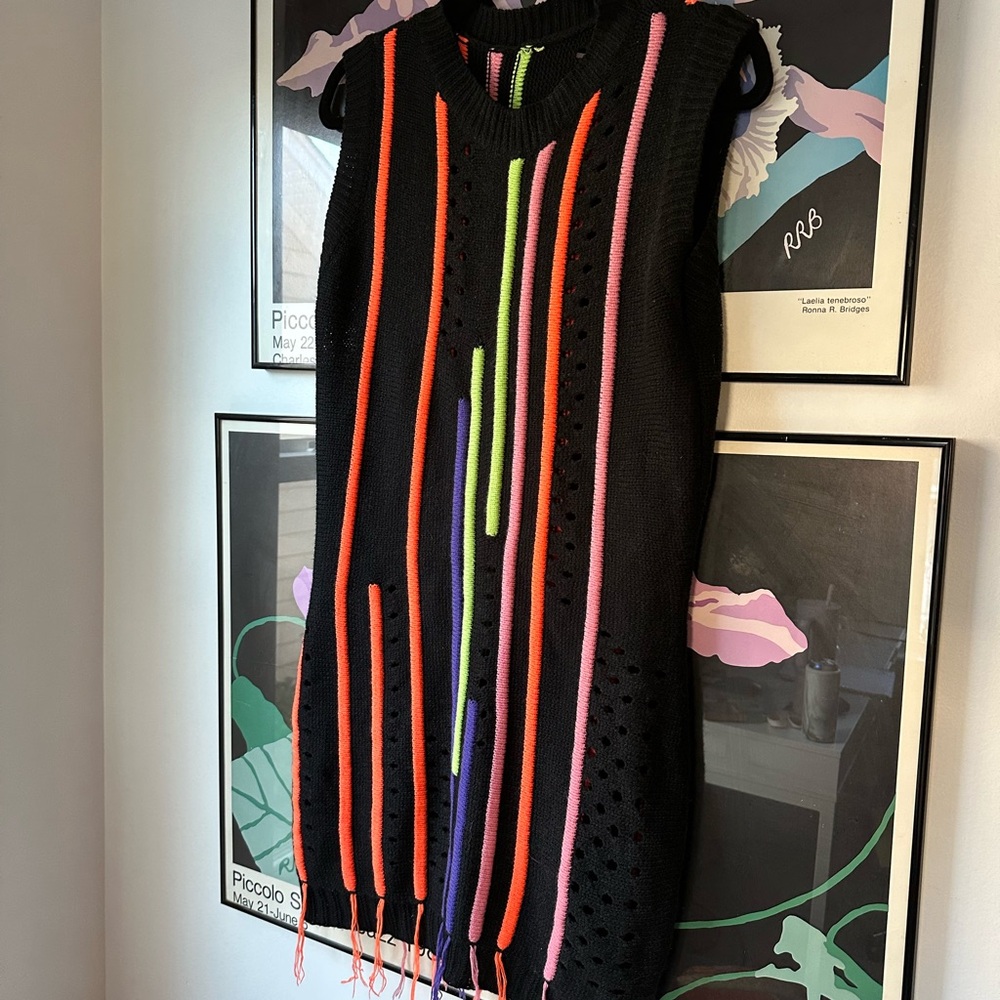 Funky Black Knit Dress with Neon Stripes and Fringe Size M